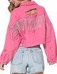 Womens Ripped Crop Rhinestone Fringe Denim Jacket Casual Cowgirl Tassel Jean Coat
