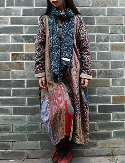 Women's Trench Coat Floral Print Jacket Chinese Style Patchwork Outwear