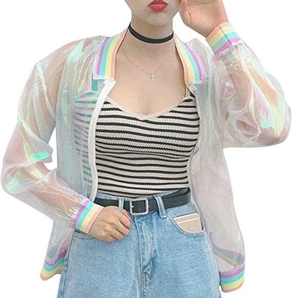 Women's Girls Hologram Rainbow Jacket Transparent Summer Sunscreen Jacket