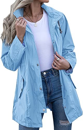 Rain Jacket Women Striped Lined Hooded Lightweight Raincoat Outdoor Waterproof Windbreaker